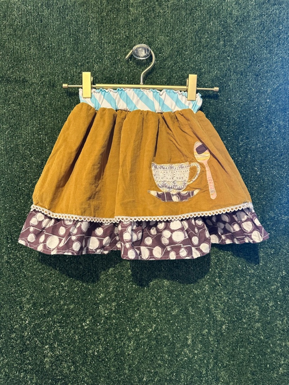 Purr Fect Mustard Corduroy Skirt with Purple Ruffle and Tea Cup